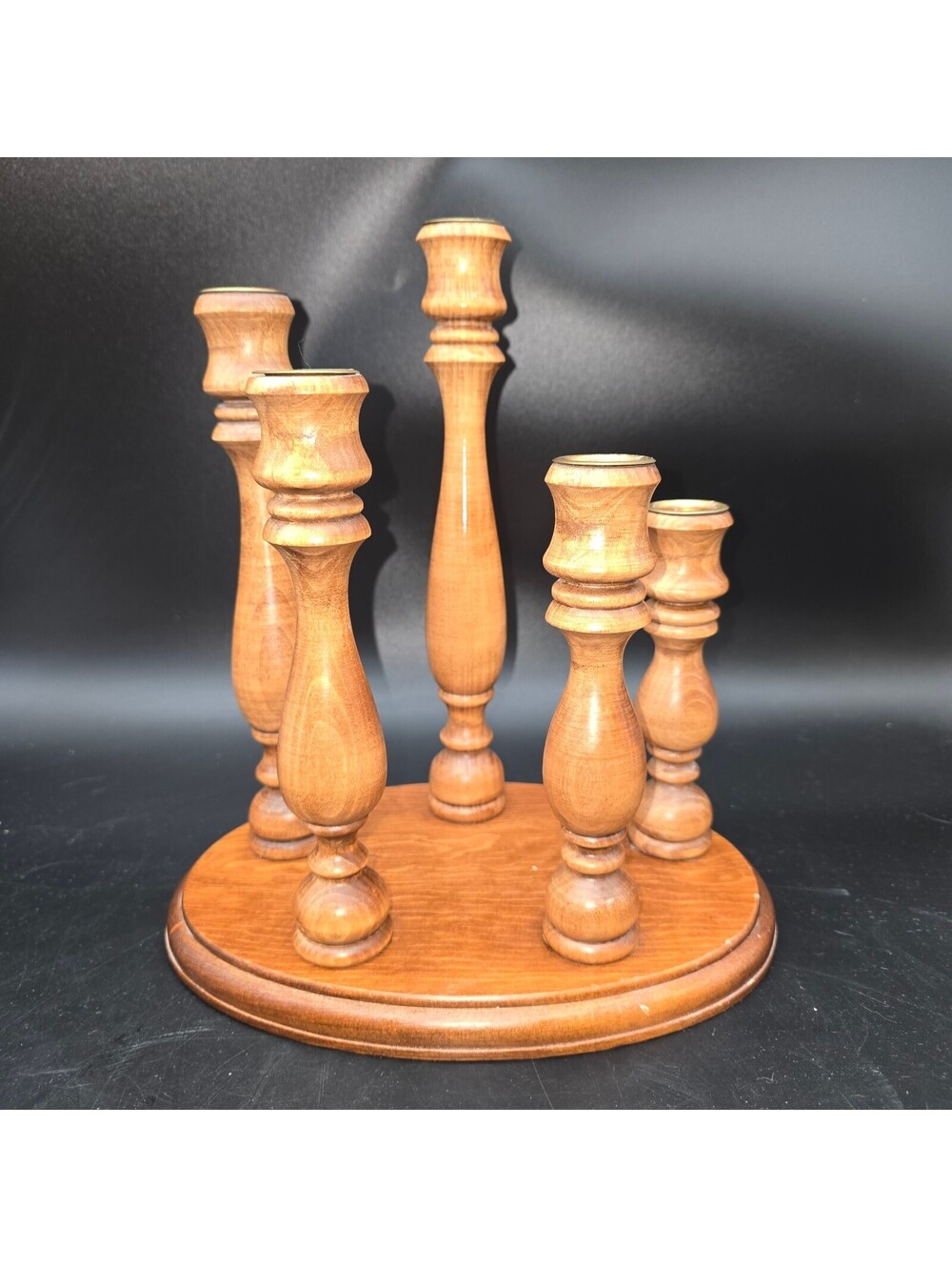 Vintage MCM 5-Tier Turned Wood Candelabra Taper Candle Holder Centerpiece 11"